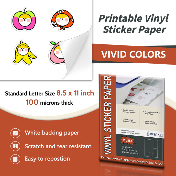 8.5" x 11" Matte Vinyl Sticker Papers for Inkjet or Laser Printers