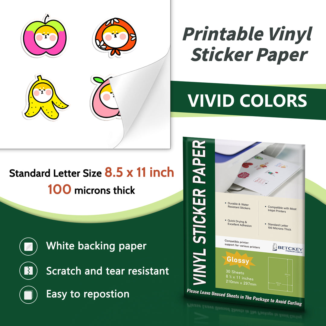 8.5" x 11" Glossy Printable Vinyl Sticker Paper for Inkjet or Laser Printers