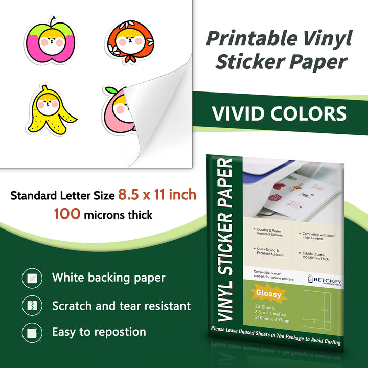 8.5" x 11" Glossy Printable Vinyl Sticker Paper for Inkjet or Laser Printers