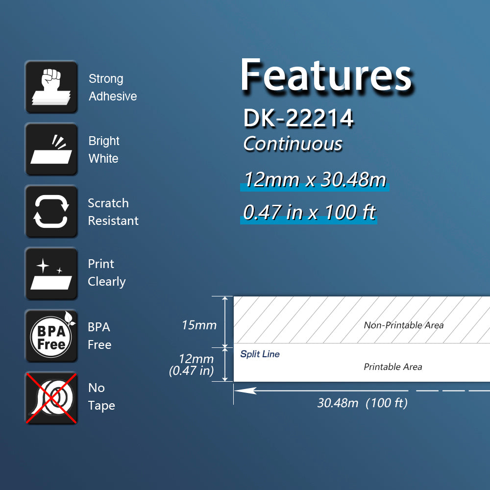 Brother DK-2214 Compatible Continuous Labels 0.47"x 100'