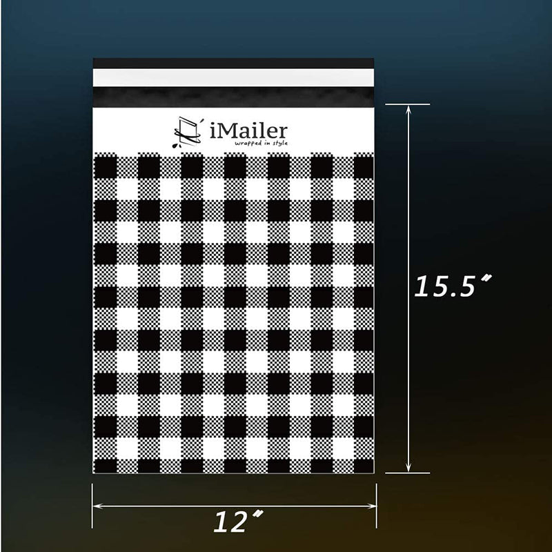 Imailer Mailing Shipping Bags with Self Seal Strip Poly Mailers Black Gingham Plaid Shipping Bags